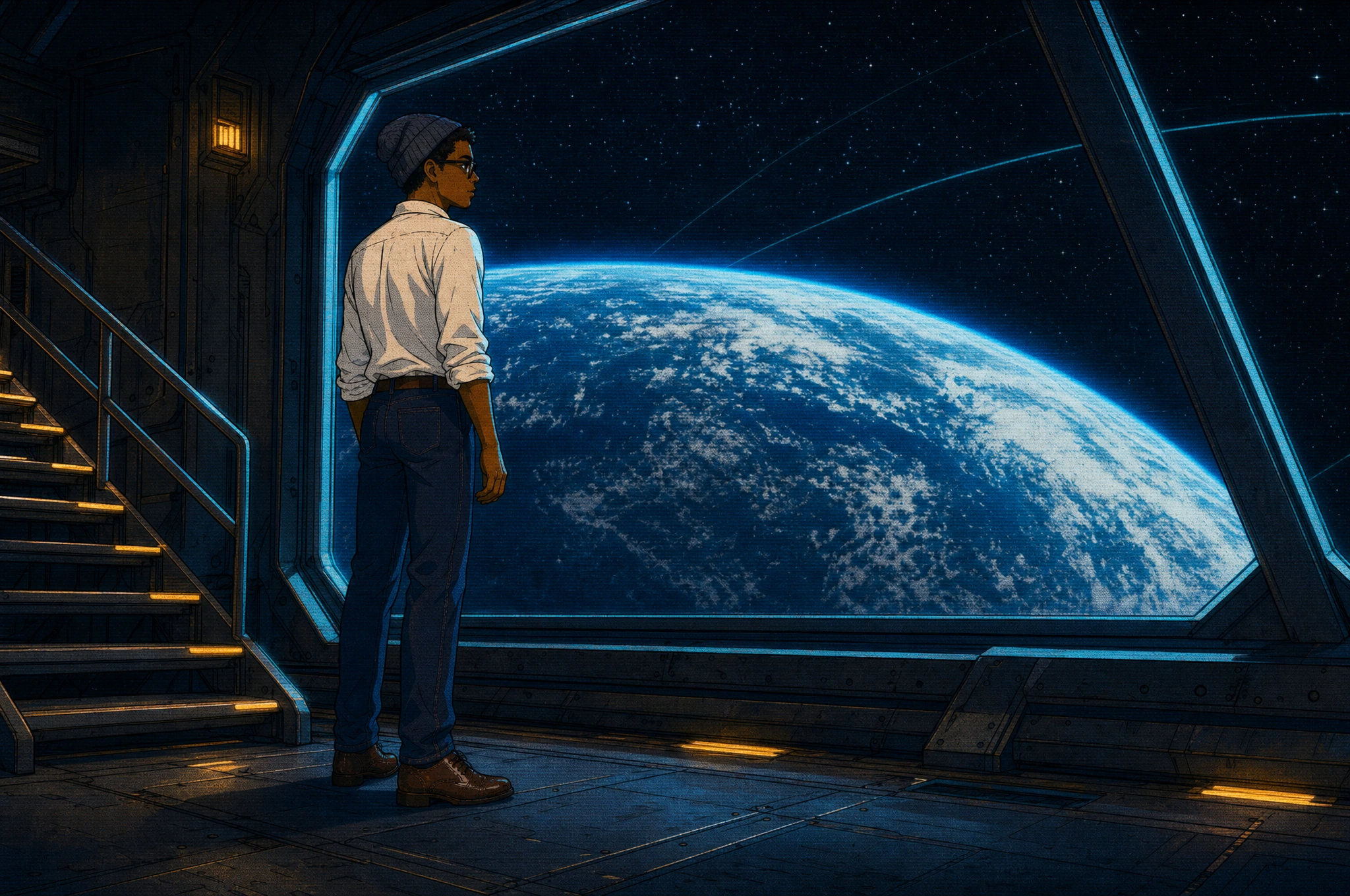 Jamin looking from an orbital elevator window toward Earth