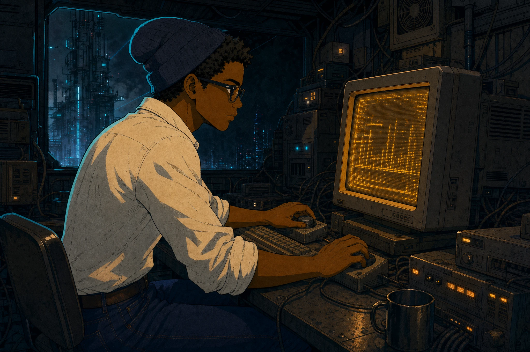 Jamin working at a retro computer workstation