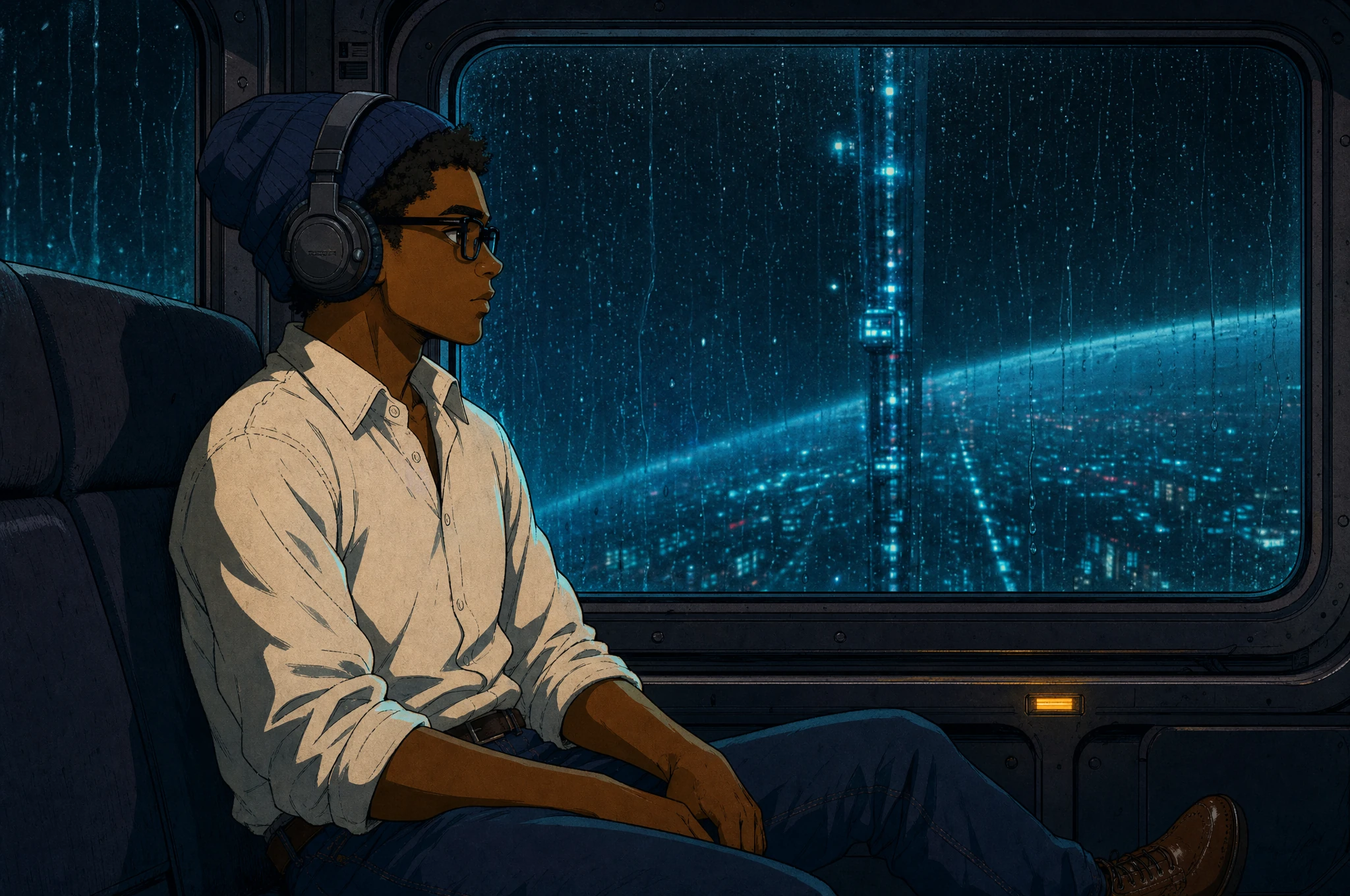 Jamin wearing headphones beside a rain-streaked orbital transit window
