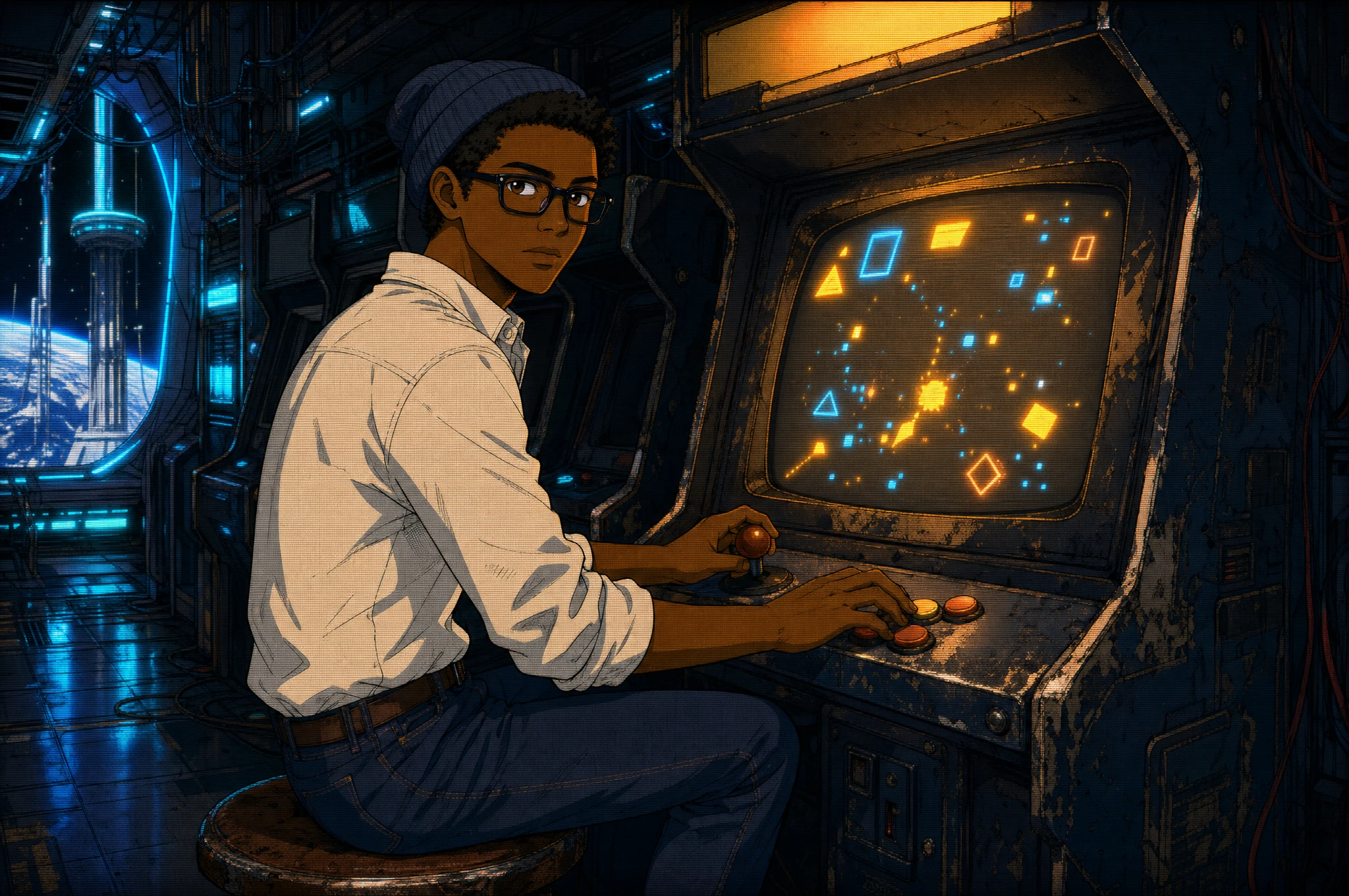 Jamin gaming at a retro arcade cabinet